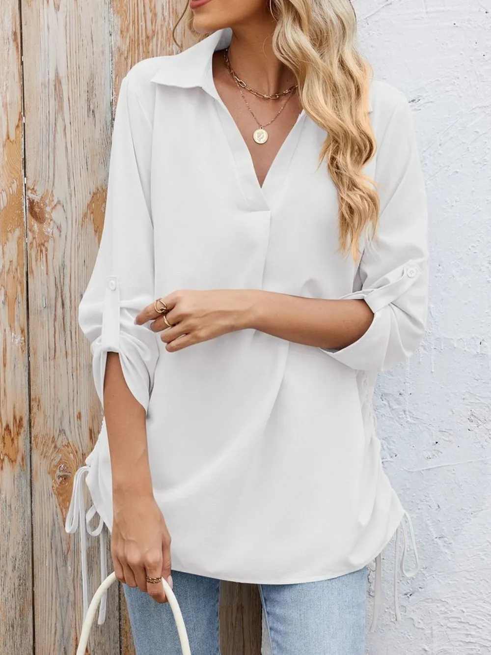 Drawstring Johnny Collared Three-Quarter Sleeve Top, image 20