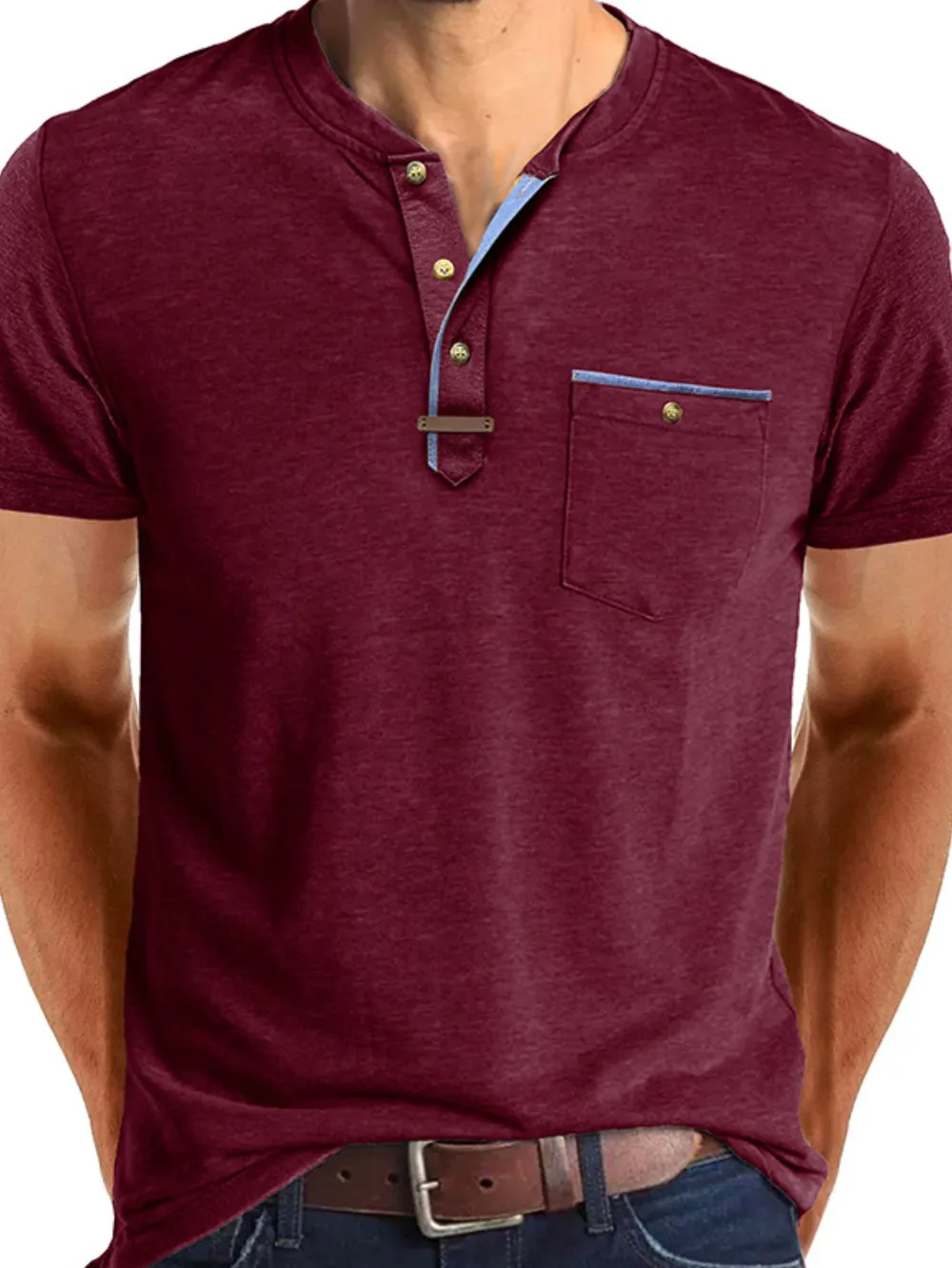 Men's Full Size Short Sleeve Henley Polo with Contrast Trim Plus Size, image 9
