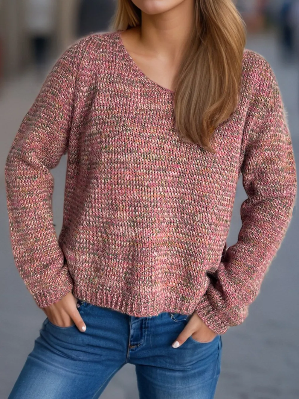 Heathered V-Neck Long Sleeve Sweater, image 3