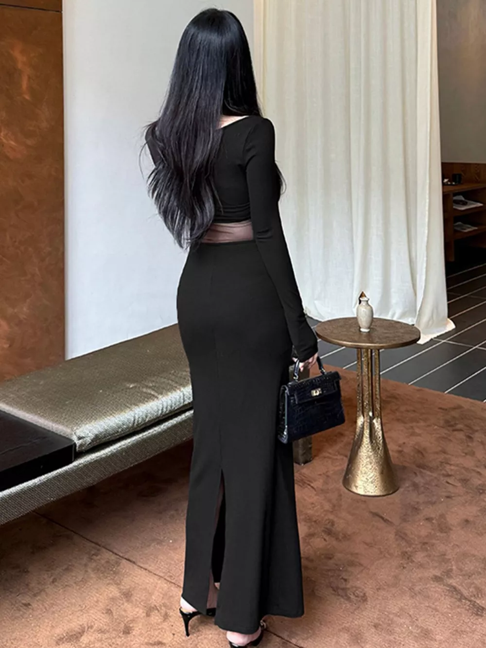Sheer Mesh Panel Long Sleeve Maxi Dress, image 4