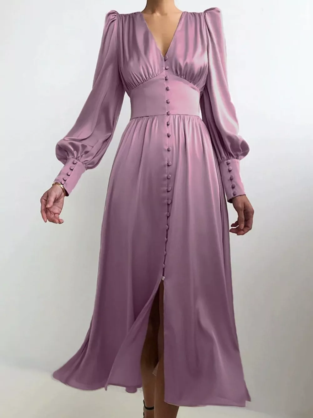 Elegant V-Neck Puff Sleeve Button-Down Midi Dress, image 15
