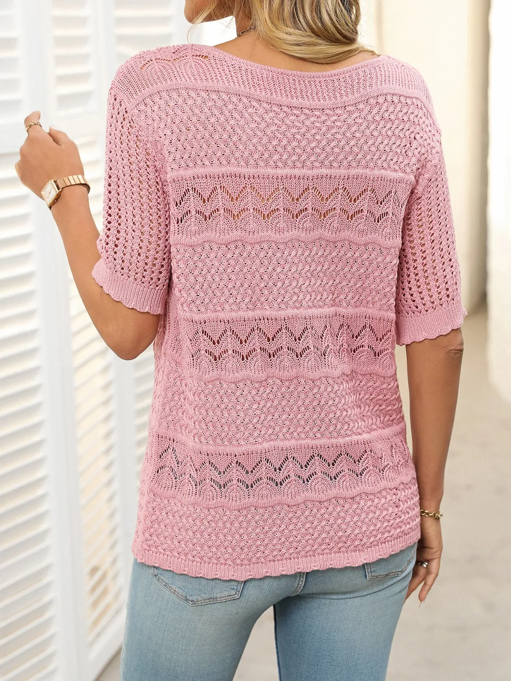 Openwork Round Neck Half Sleeve Knit Top, image 4