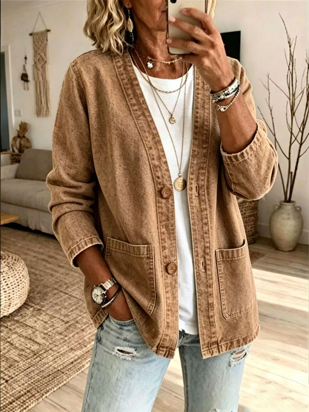 V-Neck Button-Down Denim Jacket, image 4