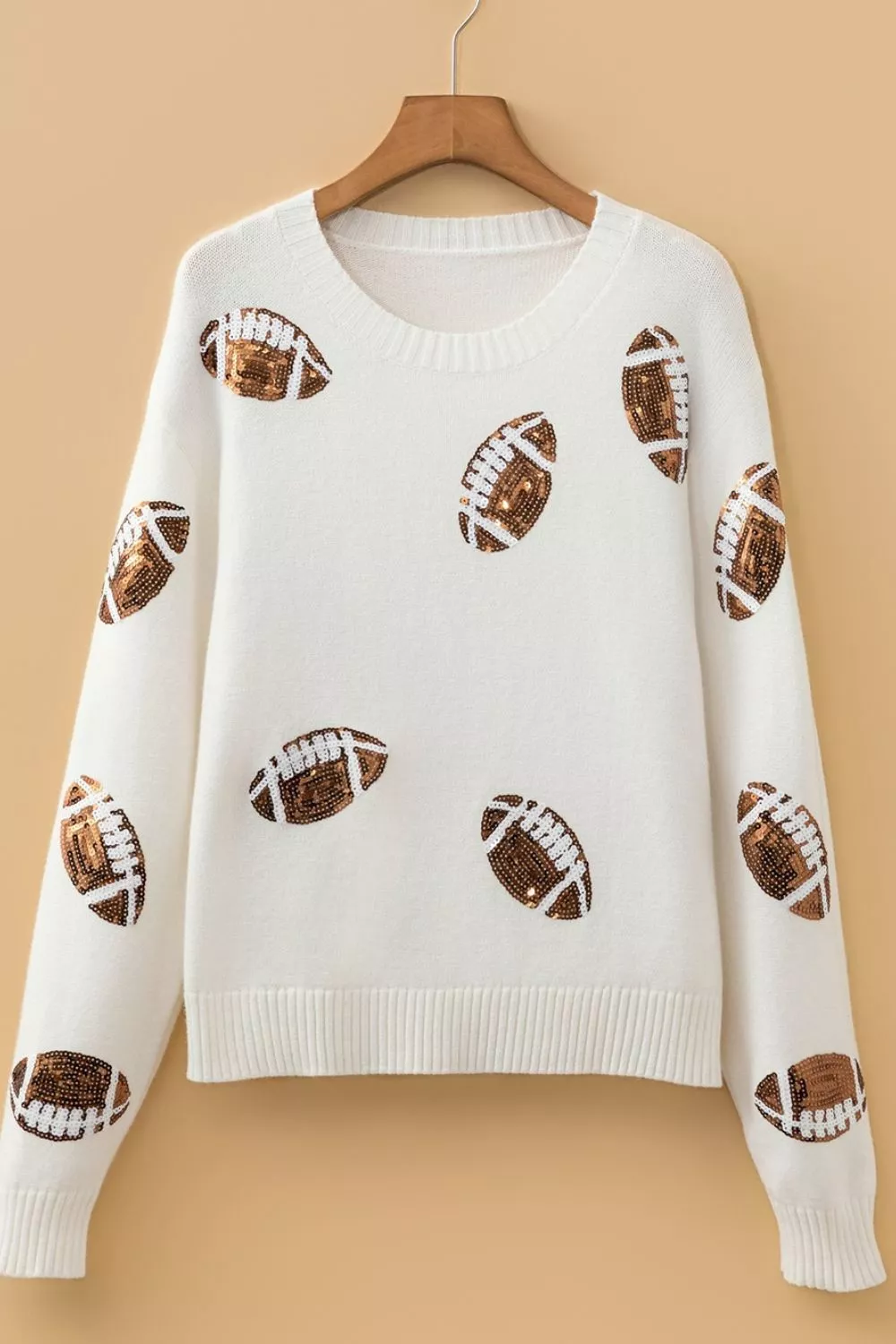 Sequin Football Print Round Neck Long Sleeve Loose Fit Sweater, image 7