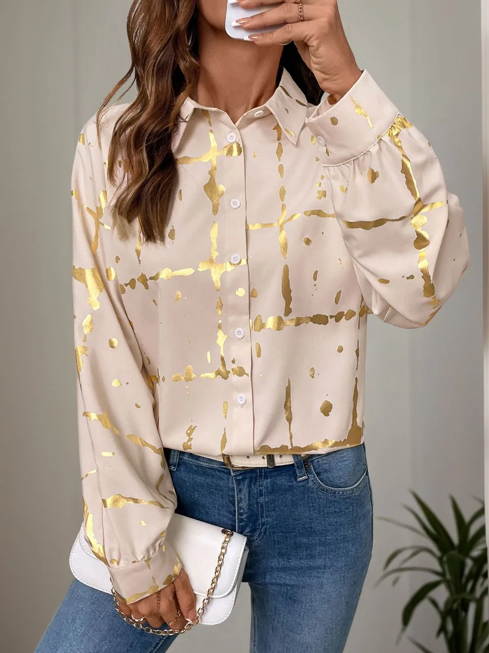 Printed Collared Neck Long Sleeve Shirt, image 4