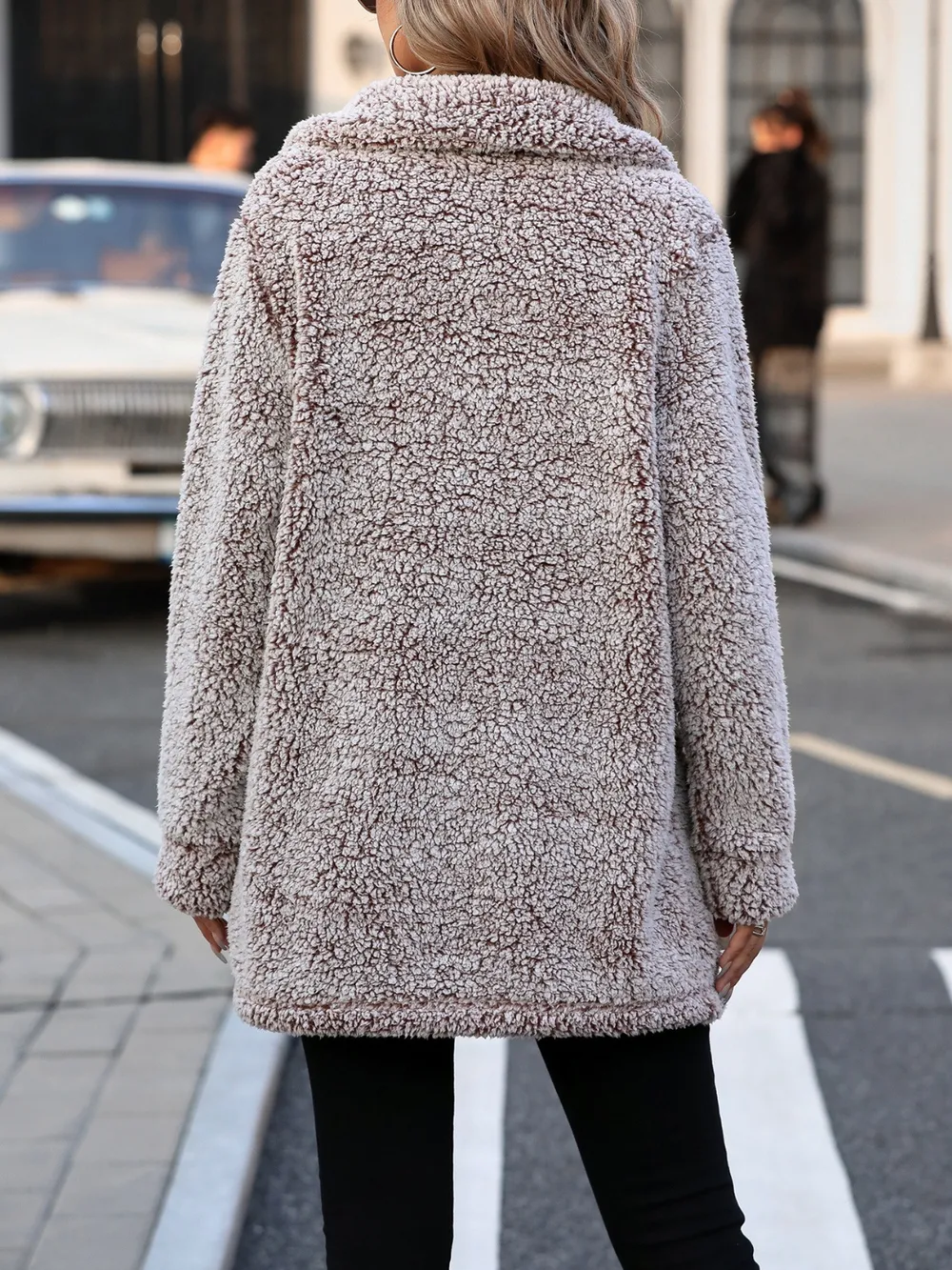 Pocketed Collared Neck Long Sleeve Plush Jacket, image 3
