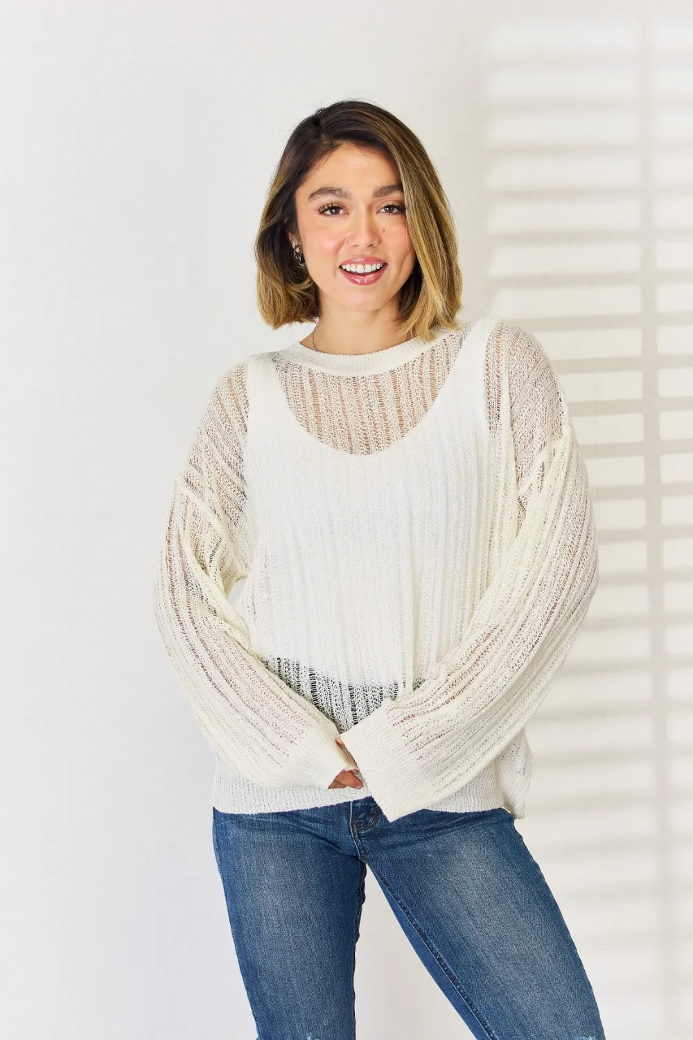 Openwork Ribbed Trim Long Sleeve Knit Top, image 2
