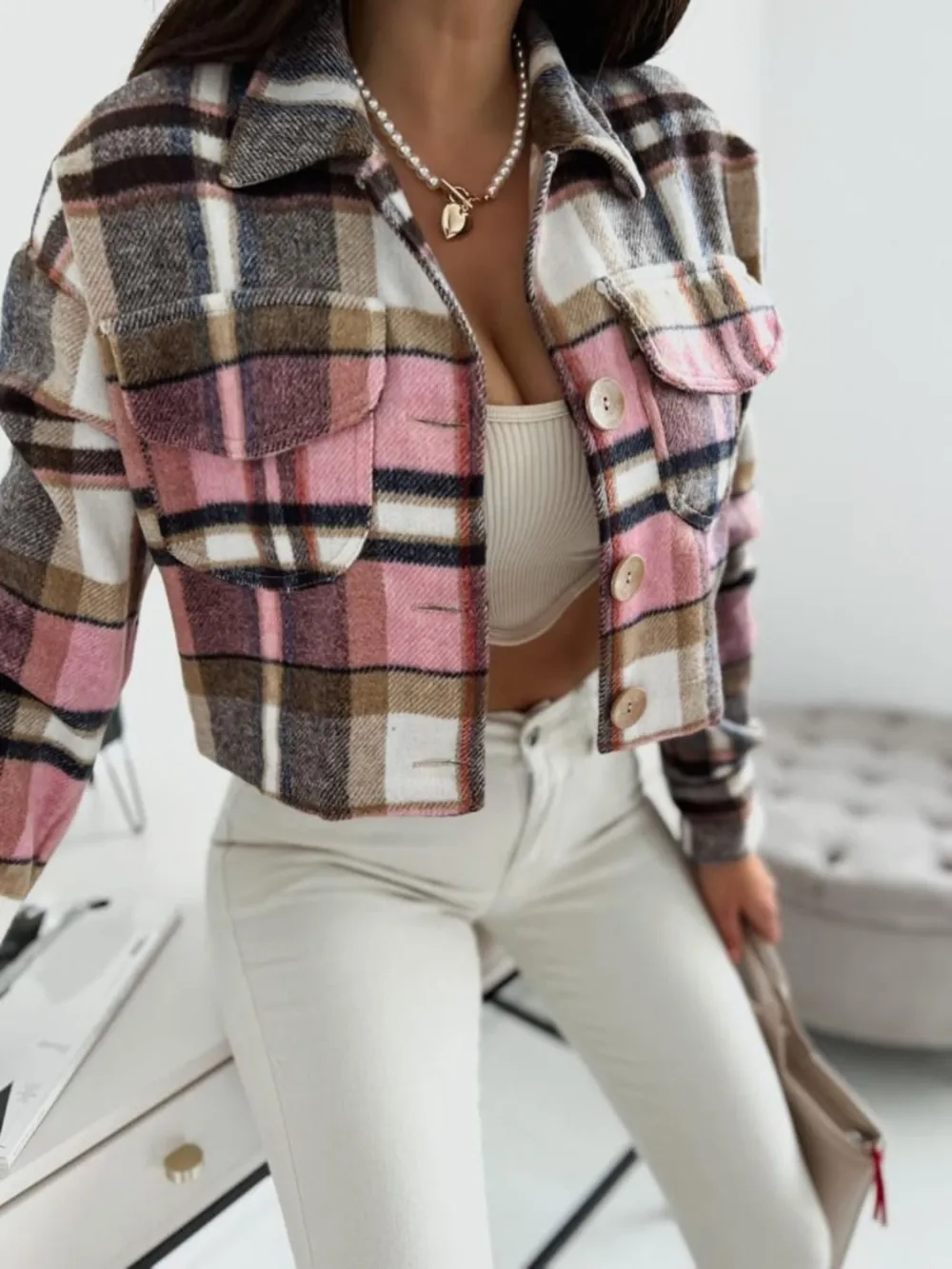 Pocketed Collared Neck Long Sleeve Plaid Jacket, image 5