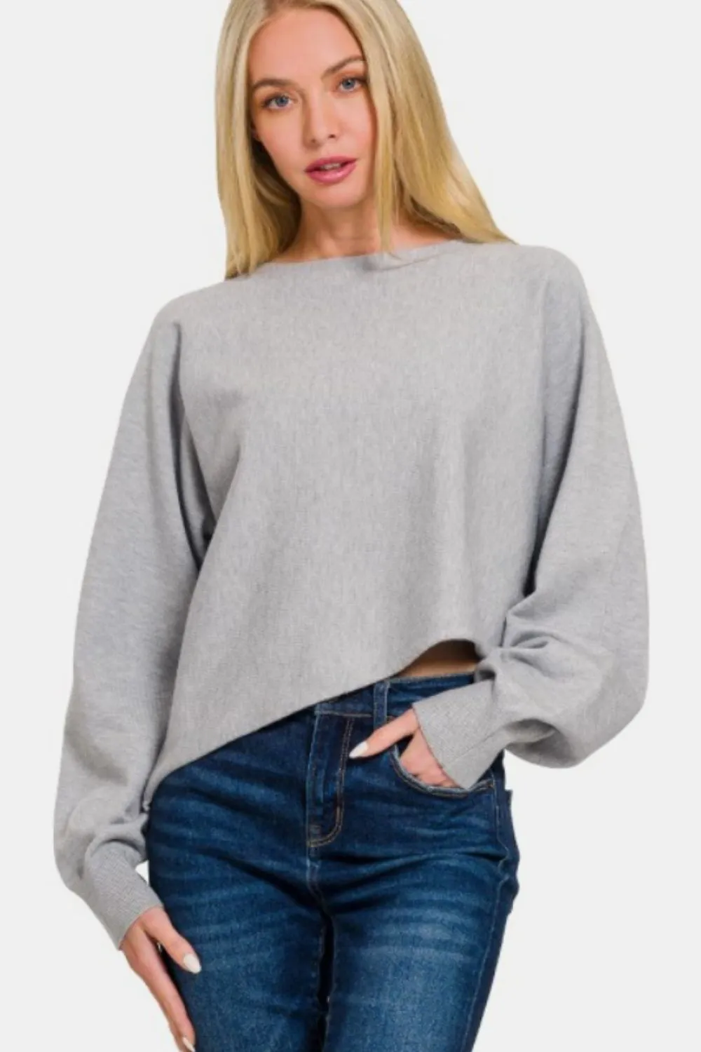 Asymmetric Hem Long Sleeve Sweater, image 2
