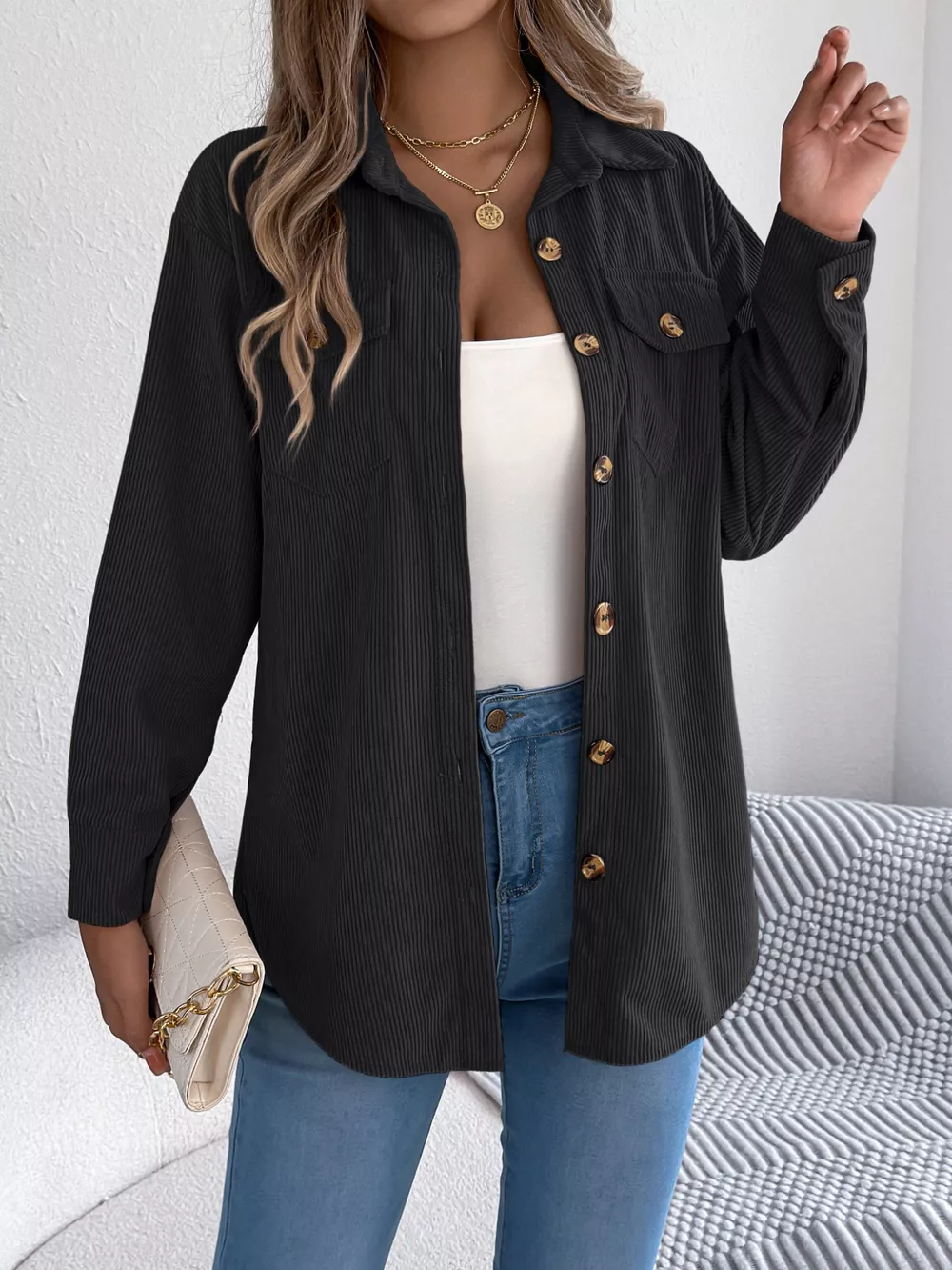 Casual Corduroy Button-Up Shacket, image 7