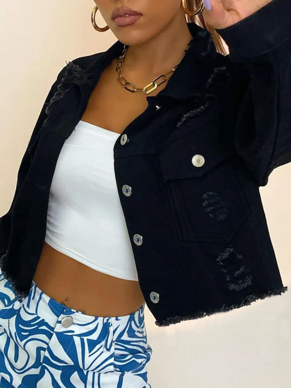 Distressed Collared Neck Long Sleeve Denim Top, image 4
