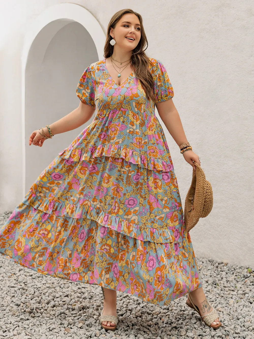 Plus Size Printed V-Neck Short Sleeve Maxi Dress, image 6