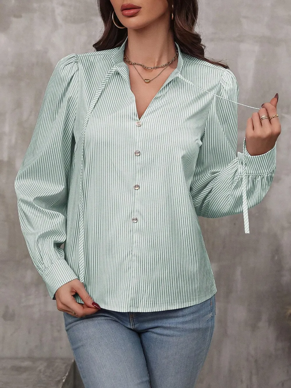 Striped Tie Neck Long Sleeve Shirt, image 4