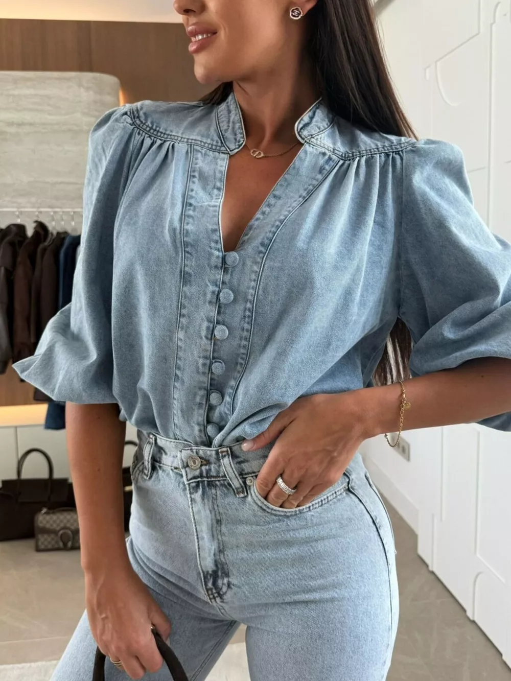 Button-Down Puff Sleeve Denim Top, image 6