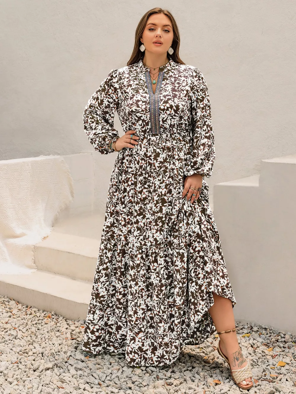 Plus Size Floral Print Long Sleeve Maxi Dress, image 5