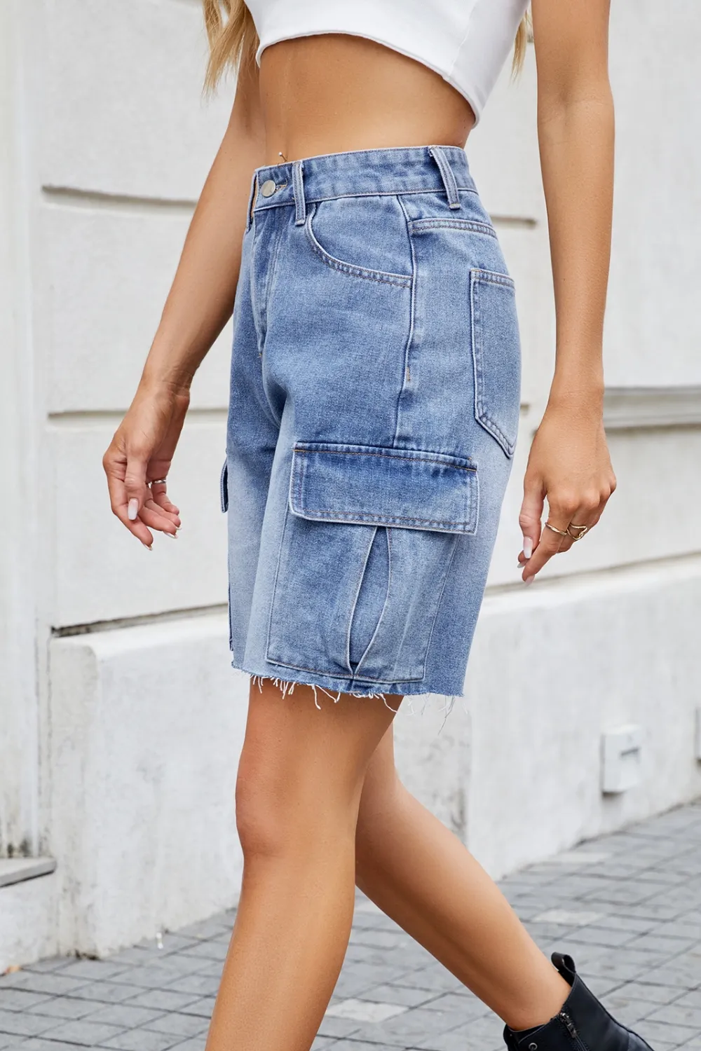Raw Hem Washed Denim Shorts with Cargo Pockets, image 6