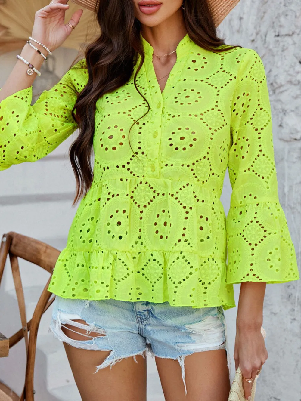 Half Button Flounce Sleeve Peplum Blouse, image 20
