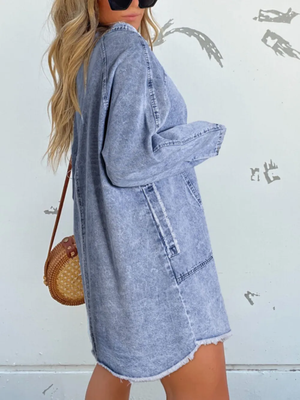 Full Size Button-Front Long Sleeve Denim Shirt Dress Plus Size, image 16