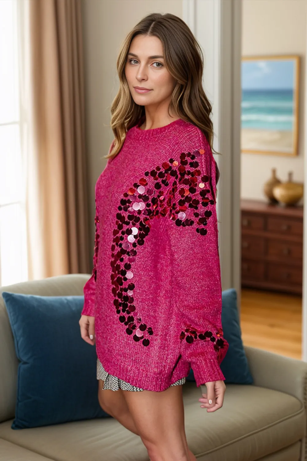 Sequin Round Neck Long Sleeve Sweater, image 2