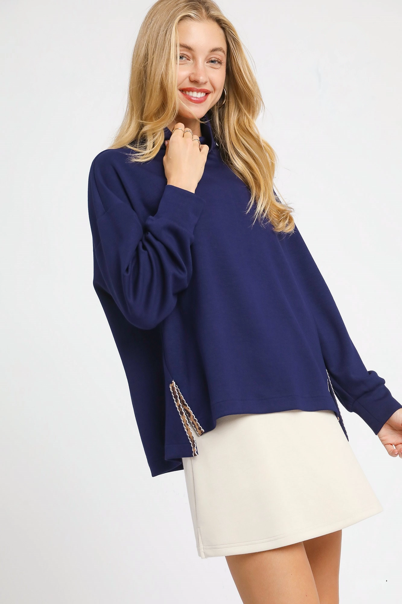 Turtle Neck Dolman Sleeve Side Slit Sweater with Contrast Detail, image 2