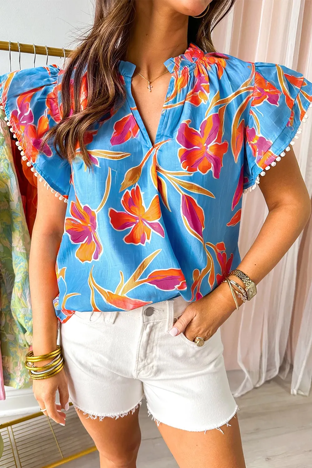 Floral Print Notched Pompom Trim Flutter Sleeve Blouse