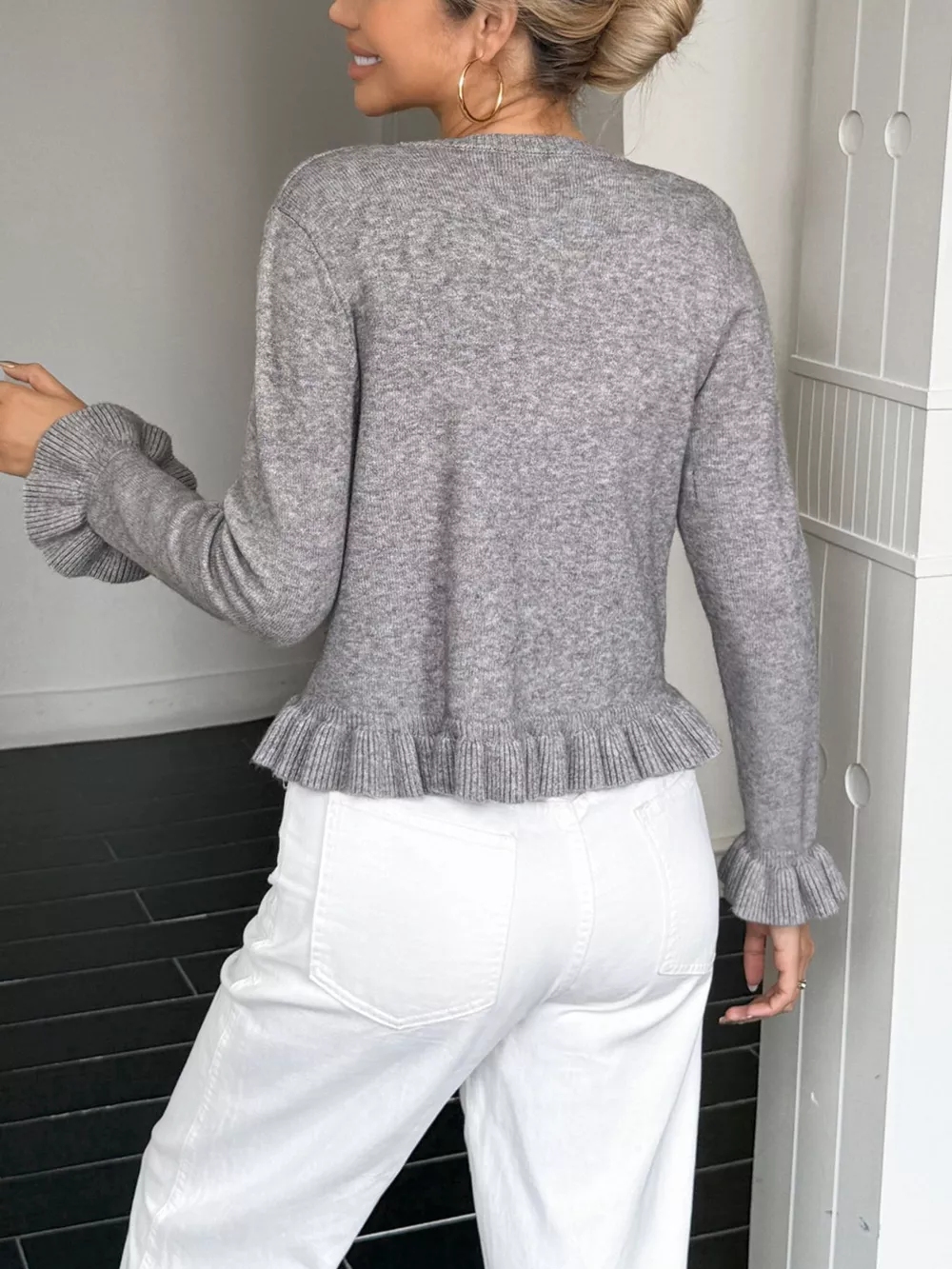 Ruffled Trim Button-Up Knit Cardigan, image 6