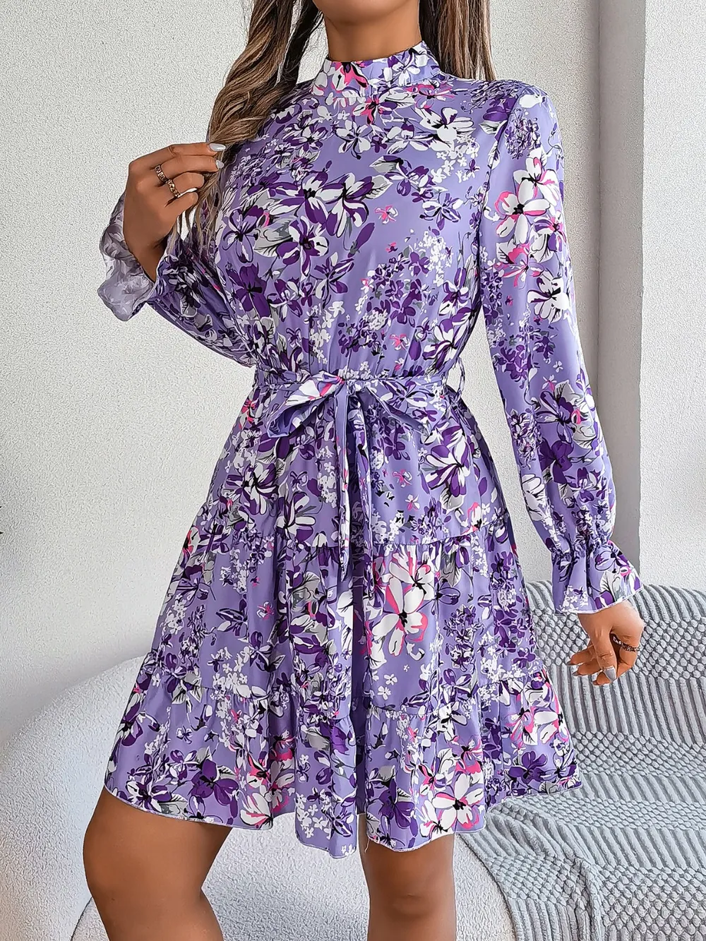 Printed Mock Neck Flounce Sleeve Mini Dress, image 10