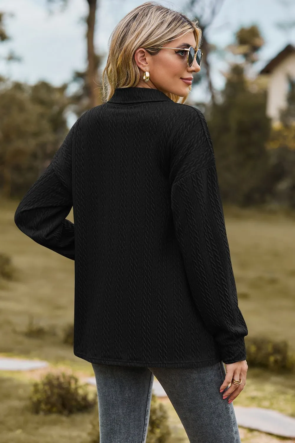 Half Button Dropped Shoulder Blouse, image 3