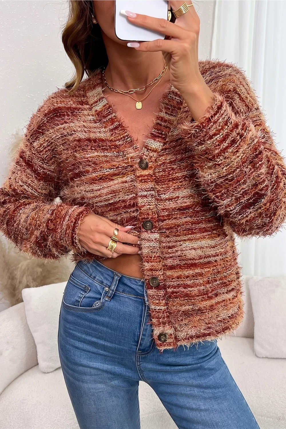Fuzzy Striped Button Front Cardigan Sweater, image 4