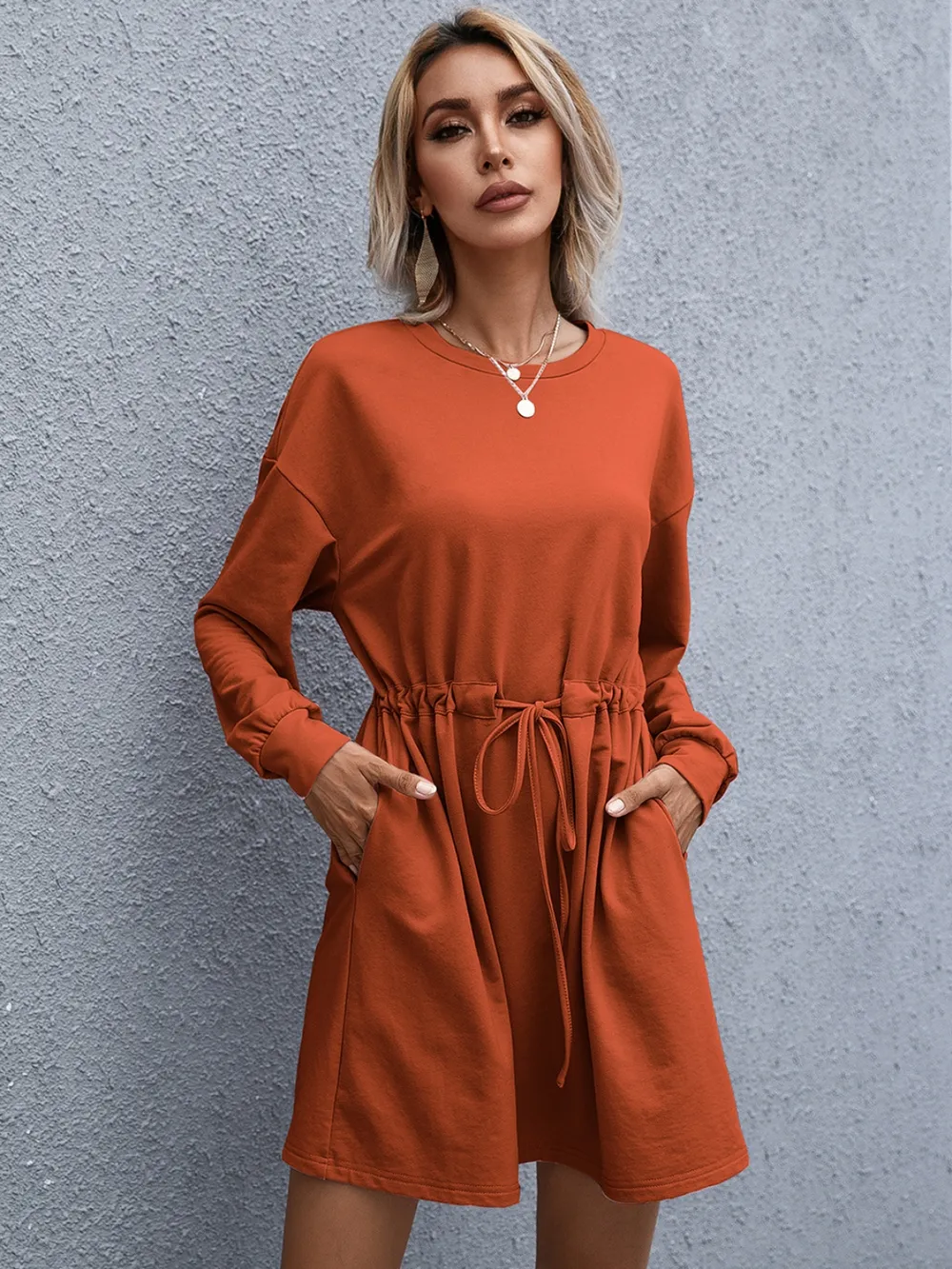 Drawstring Round Neck Dropped Shoulder Mini Dress, image 2
