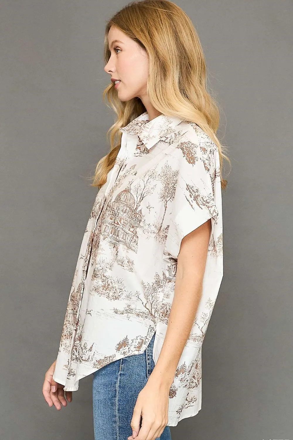 Full Size Two Tone Print Button Up Short Sleeve Shirt Plus Size, image 3