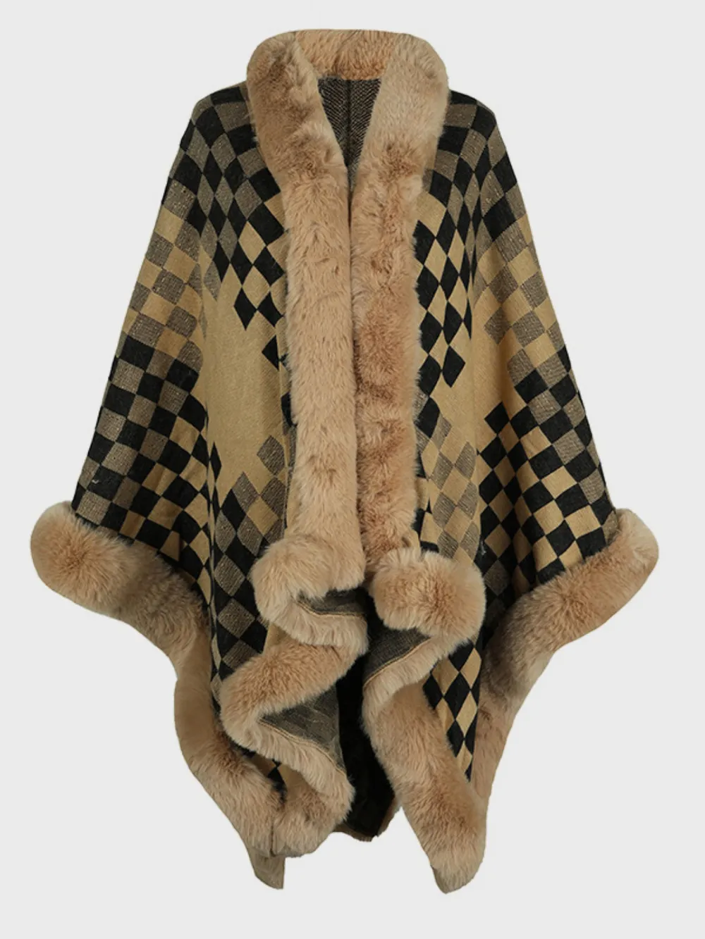 Fuzzy Checkered Long Sleeve Poncho, image 5