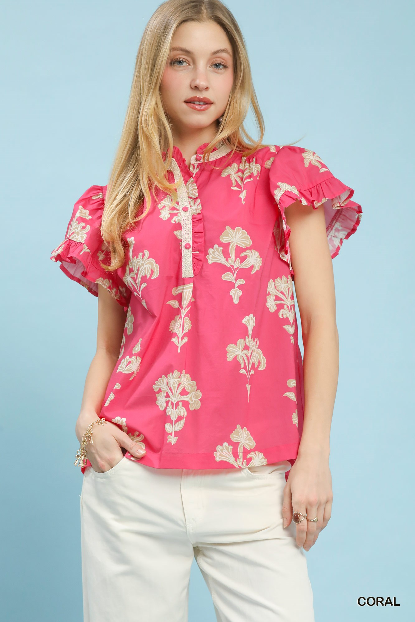 Floral Ruffle Sleeve Split-Neck Top
