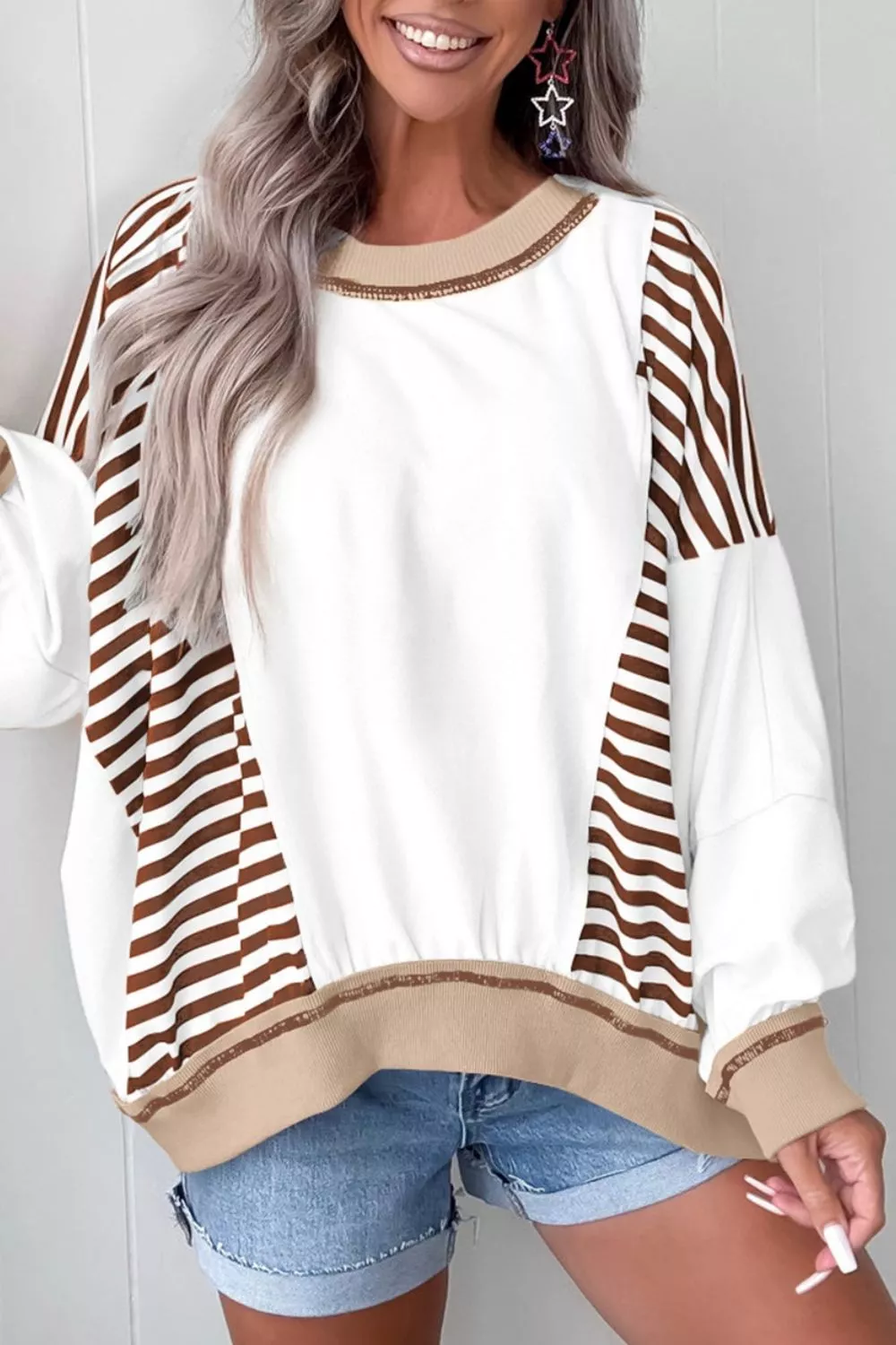 Stripe Colorblock Patchwork Contrast Stitching Sweatshirt, image 5