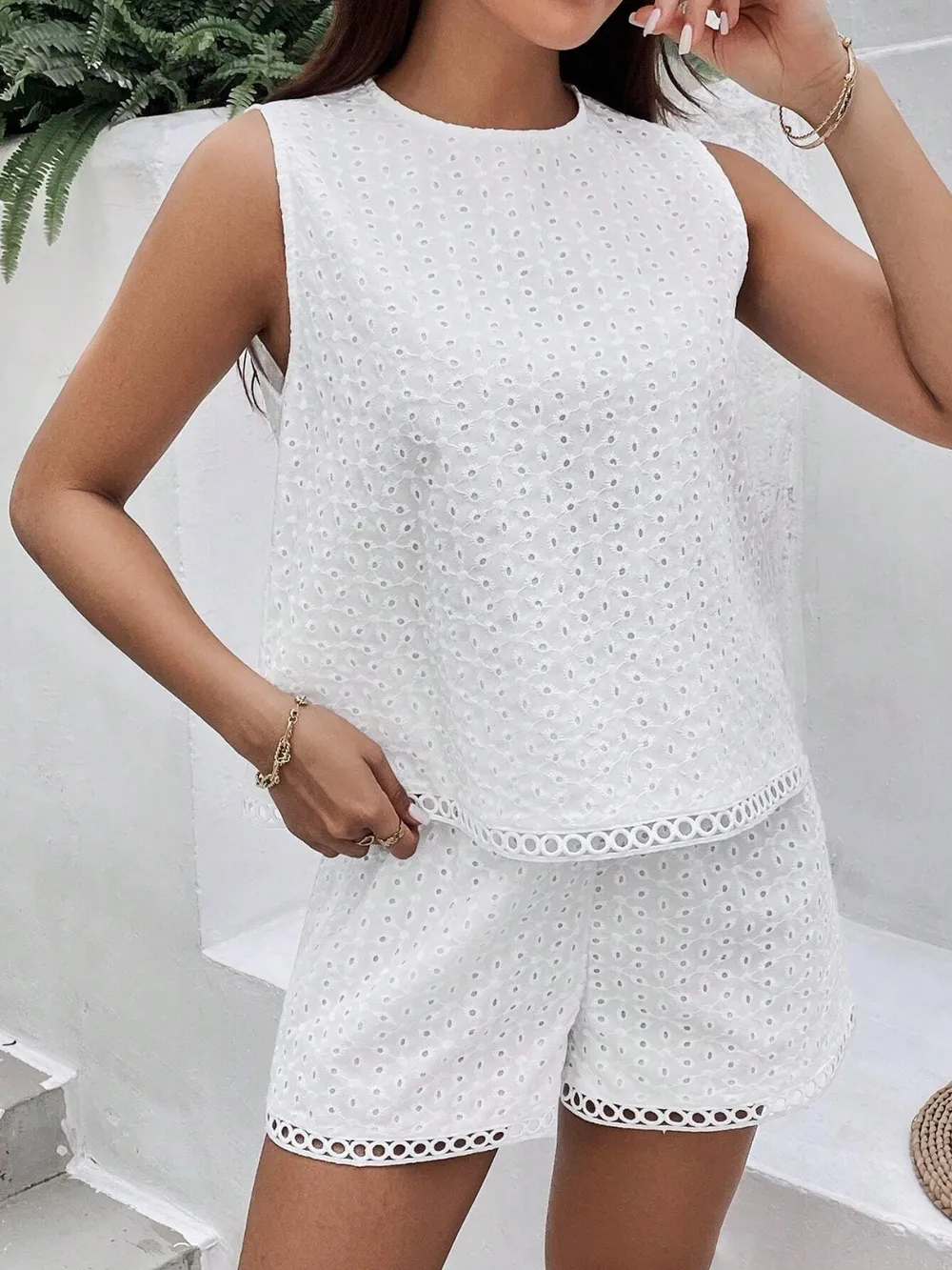 Eyelet Round Neck Top and Shorts Set, image 5