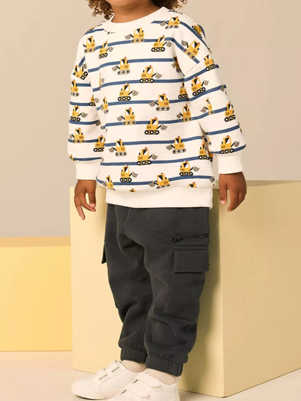 Children's Excavator Print Striped Crew Neck Sweatshirt