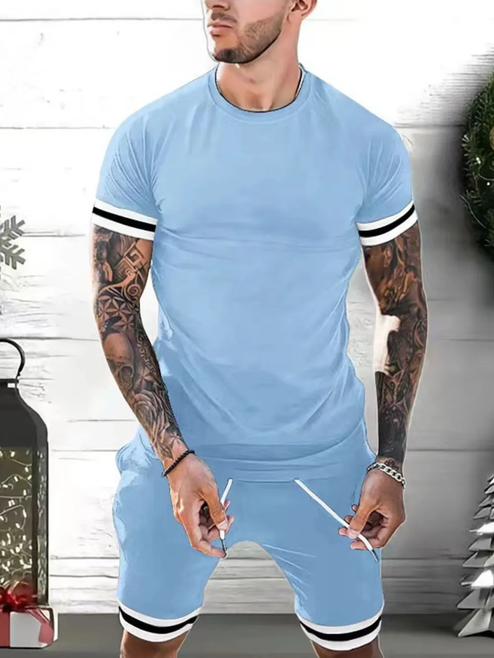 Men's Plus Size Round Neck Short Sleeve Top and Shorts Set, image 6