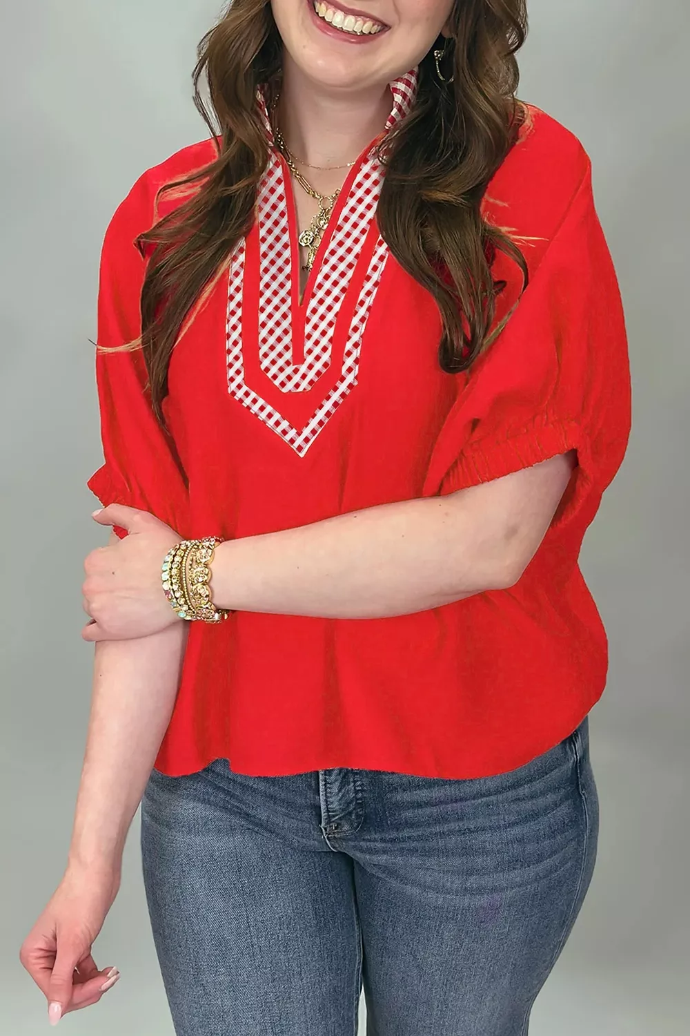 V Neck Plaid Collar Short Sleeve Tunic Blouse, image 6