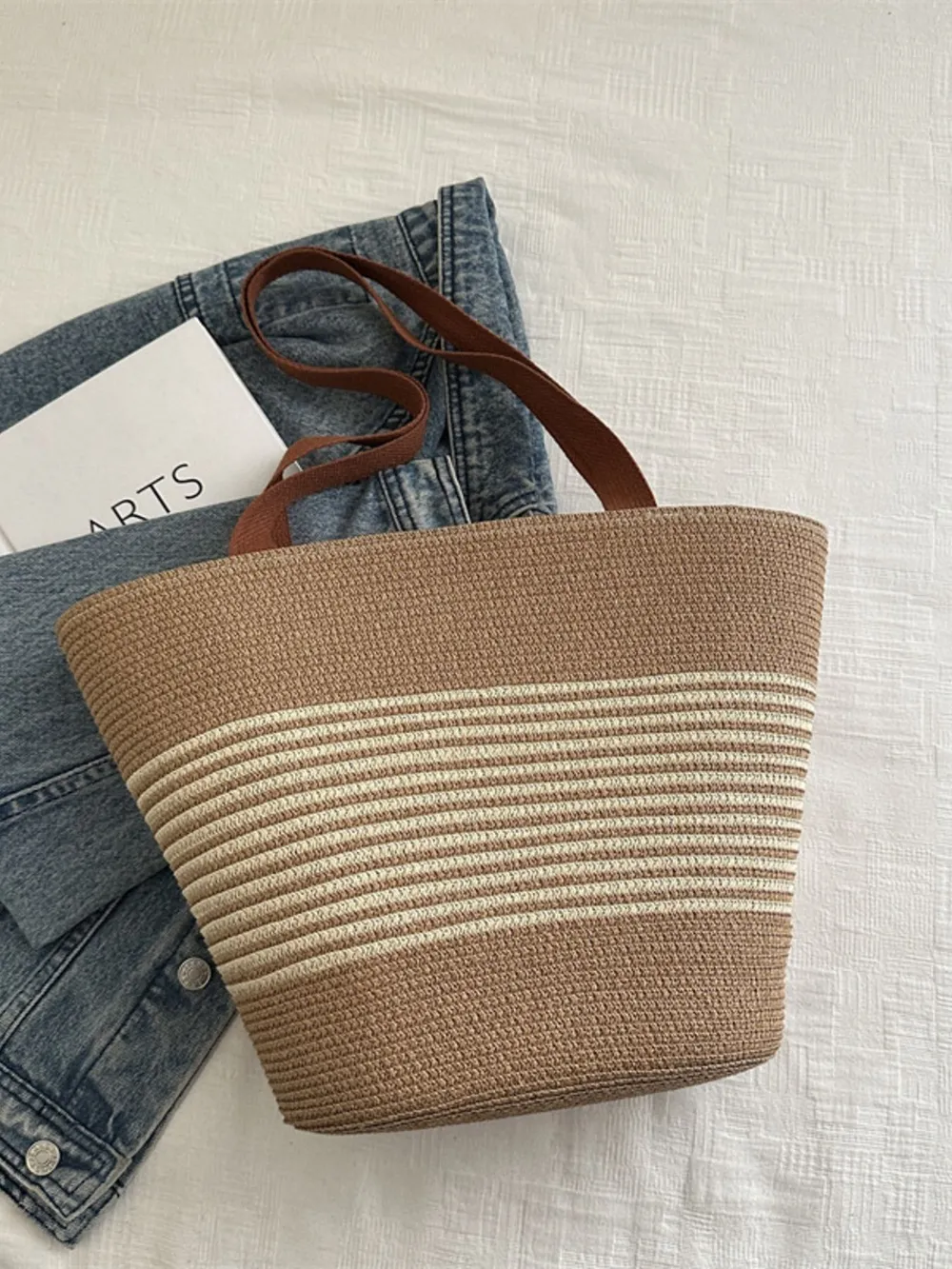 Striped Woven Tote Bag, image 5
