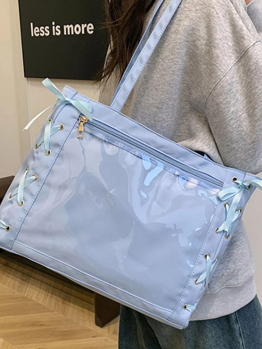 Lace-Up Trim Clear Panel Shoulder Bag, image 15