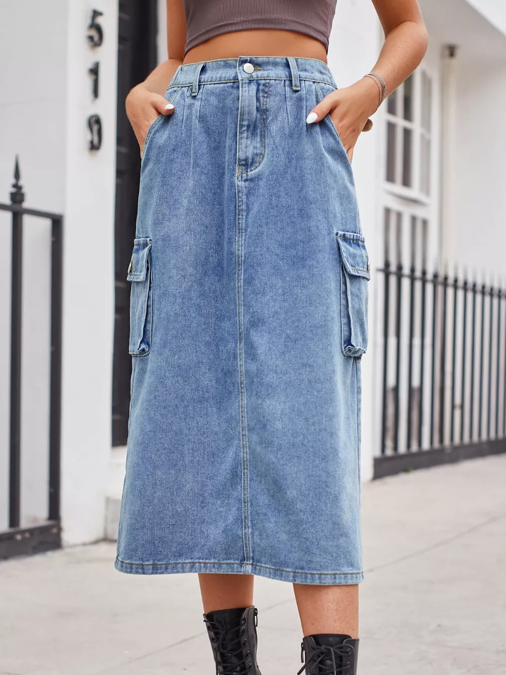 Slit Buttoned Denim Skirt with Pockets, image 11