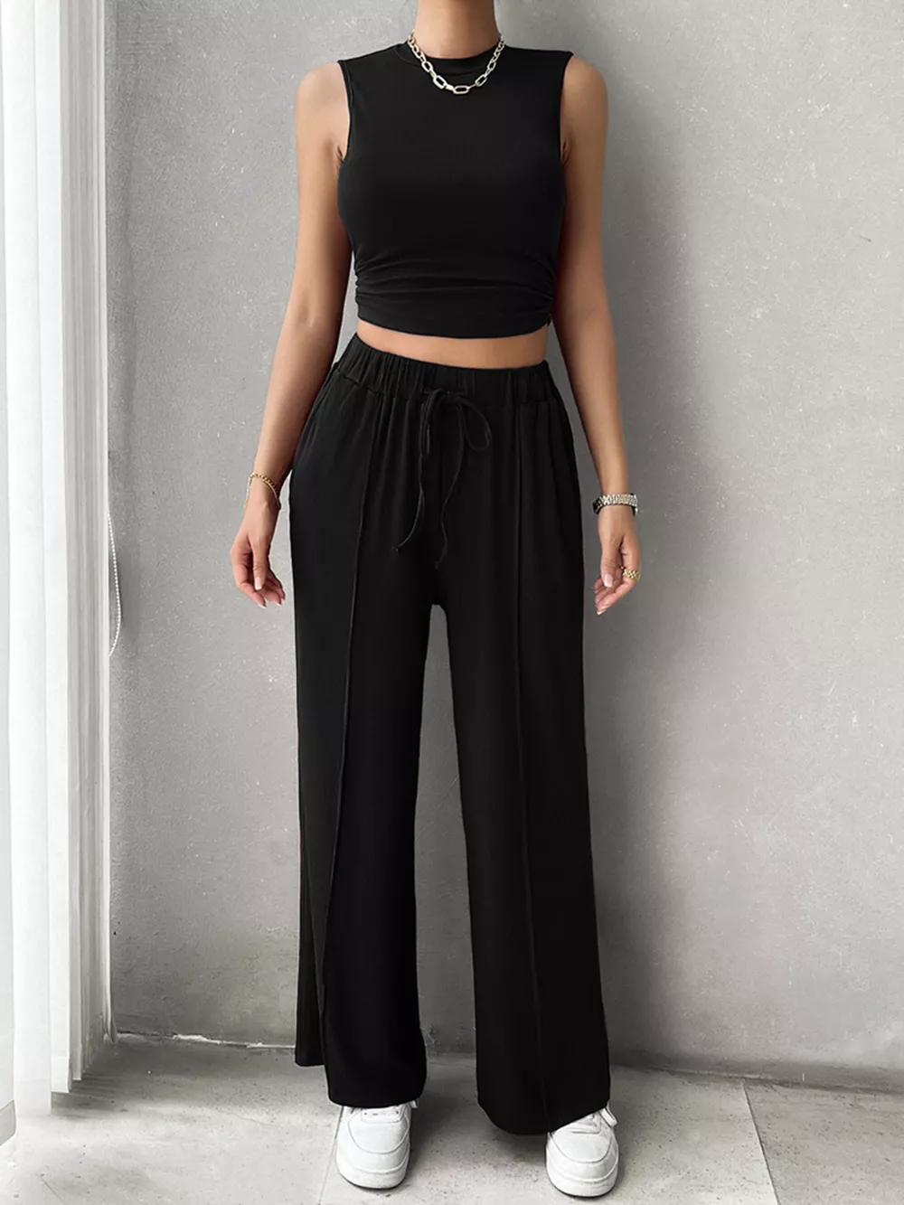 Mock Neck Sleeveless Top and Drawstring Pants Set, image 10
