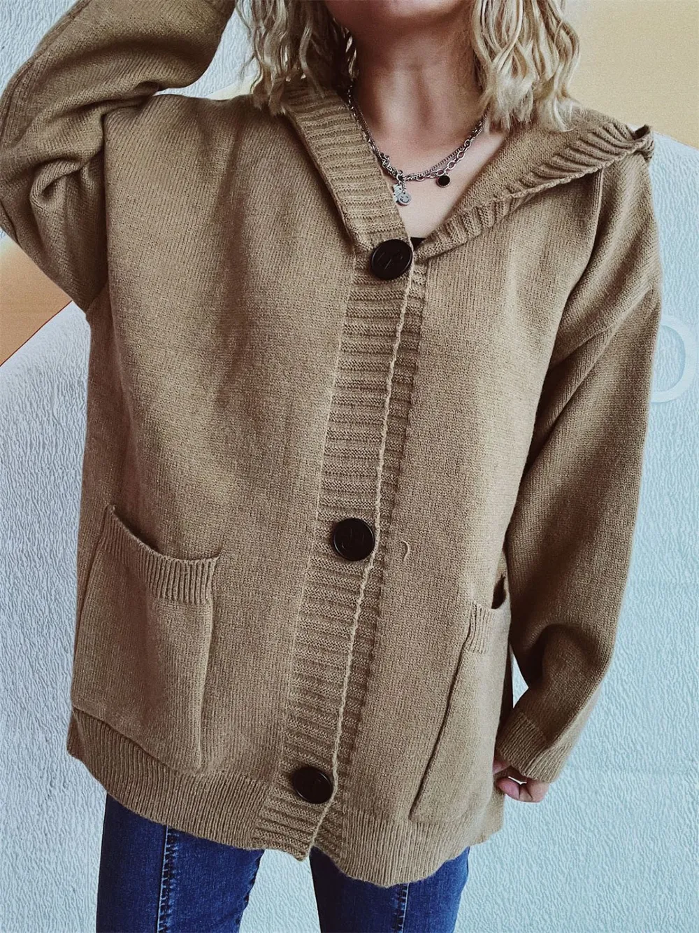 Dropped Shoulder Long Sleeve Hooded Cardigan, image 13