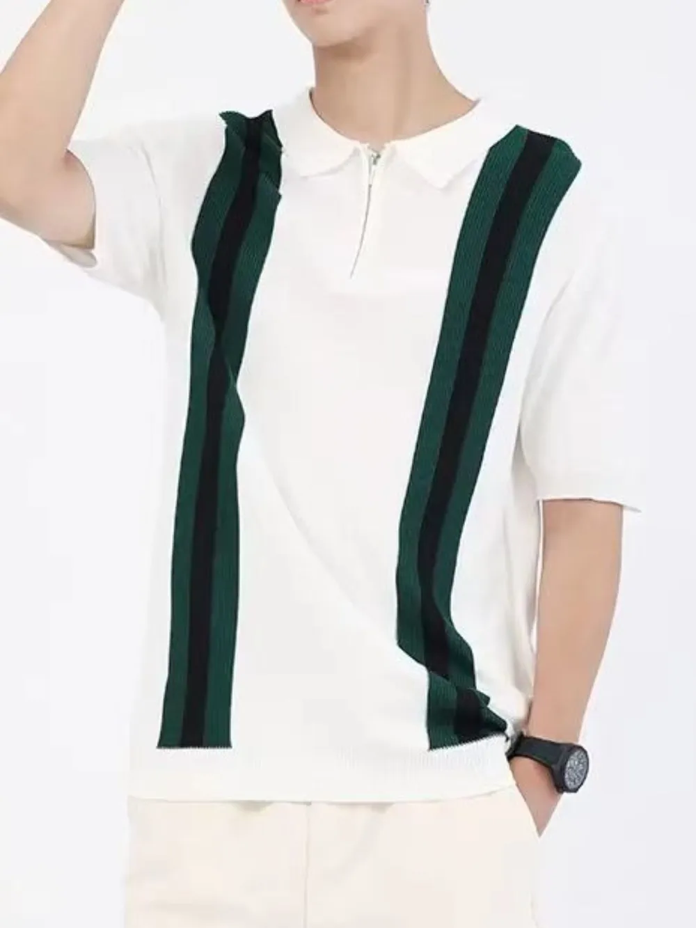 Men's Full Size Contrast Zip Collar Short Sleeve Knit Polo Plus Size, image 4