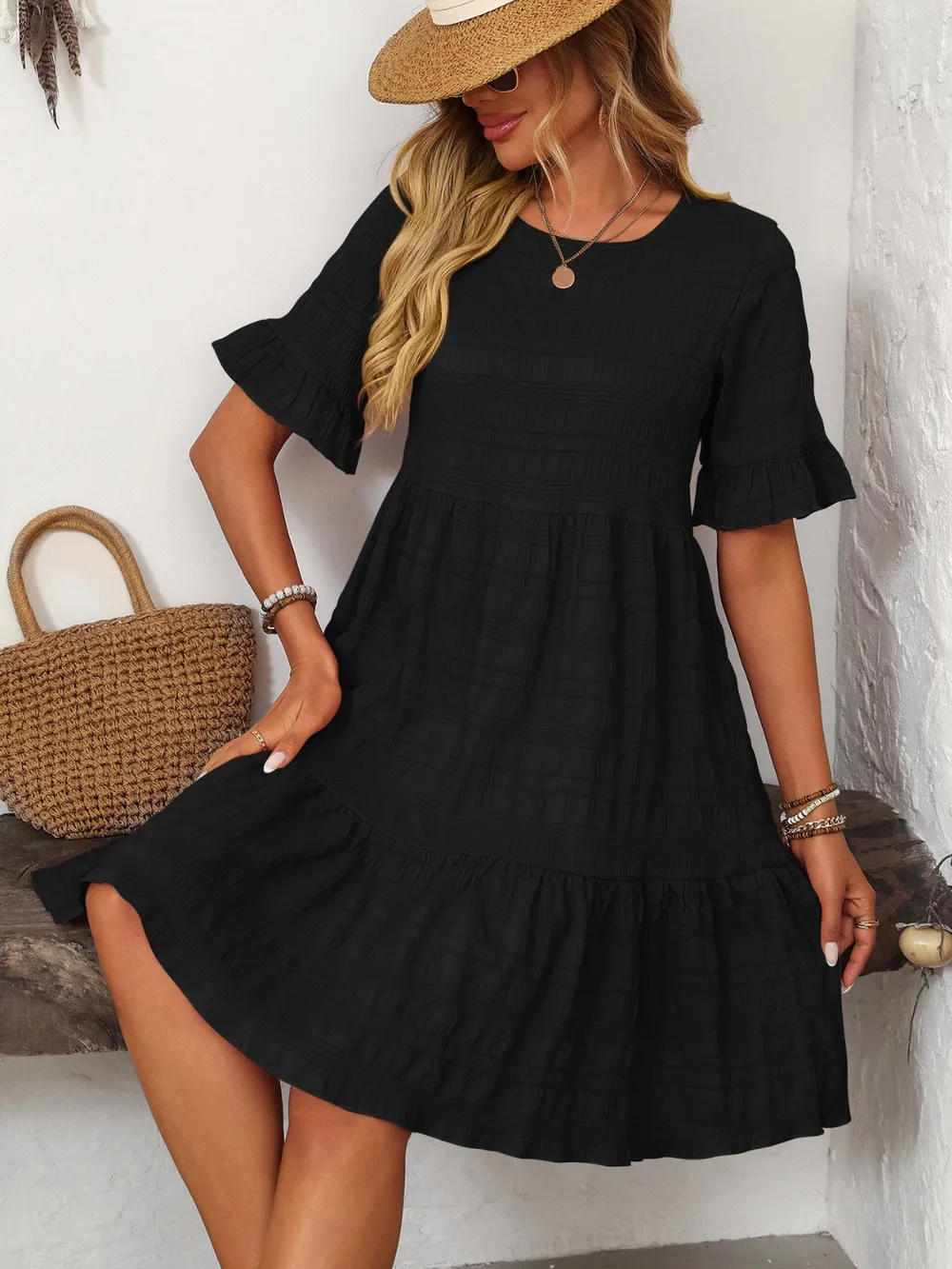 Ruffled Ruched Round Neck Half Sleeve Dress, image 17
