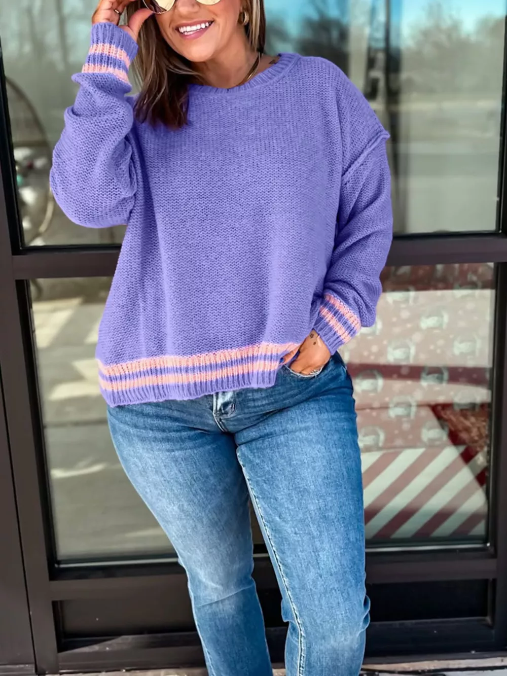 Plus Size Striped Trim Drop Shoulder Knit Loose Sweater
