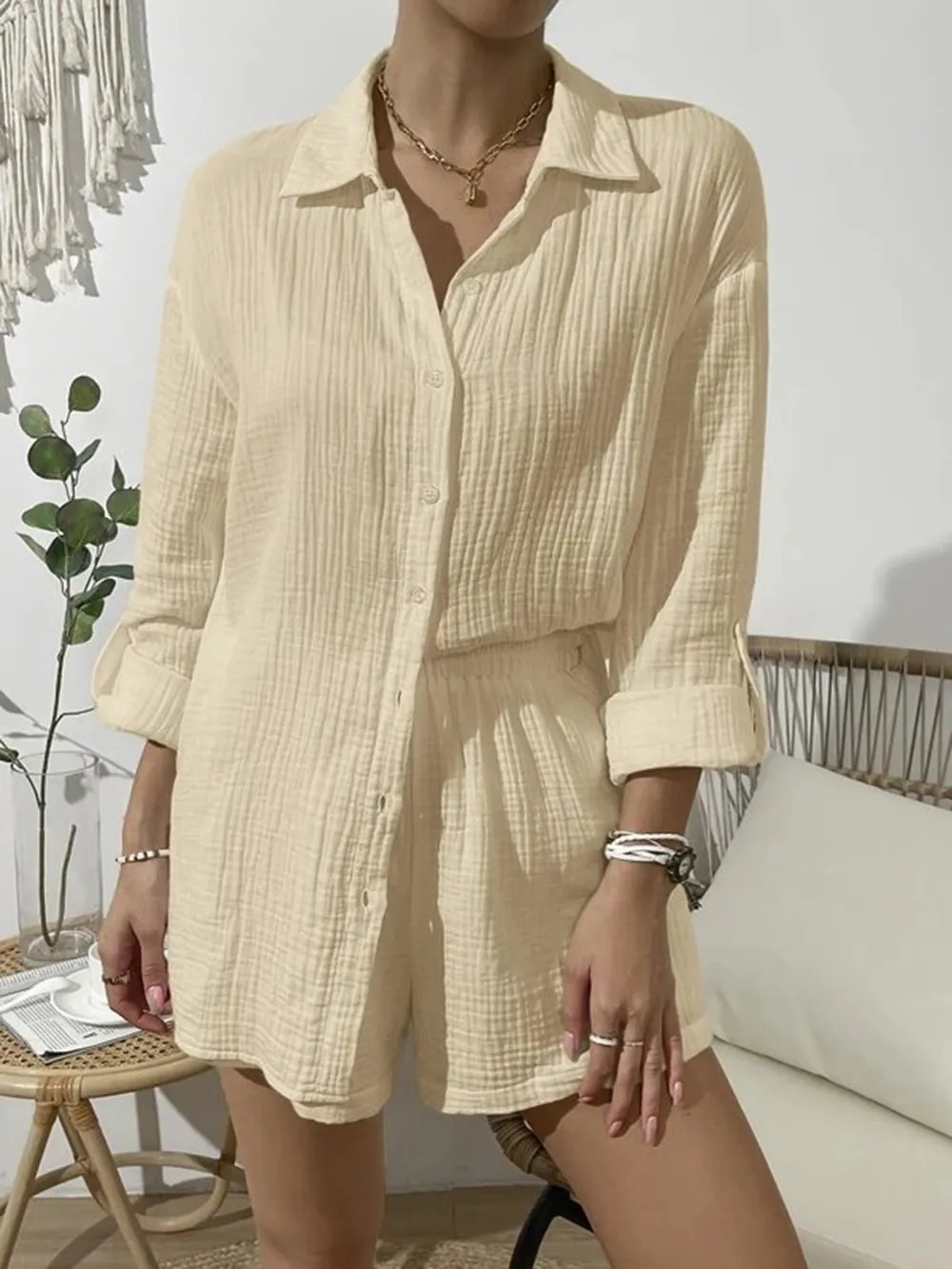 Dropped Shoulder Button Up Top and Elastic Waist Shorts Set, image 16