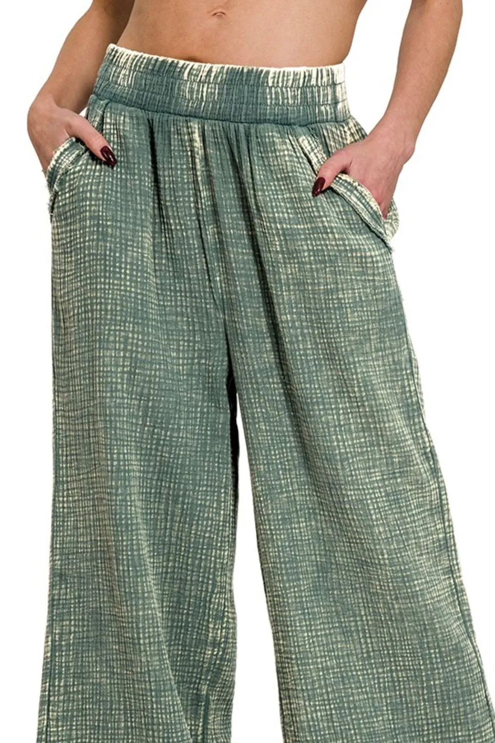 Washed Double Gauze Elastic Band Waist Pants, image 2