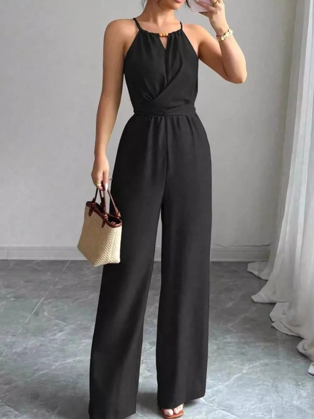 Sleeveless Tie Waist Wide-Leg Jumpsuit, image 5