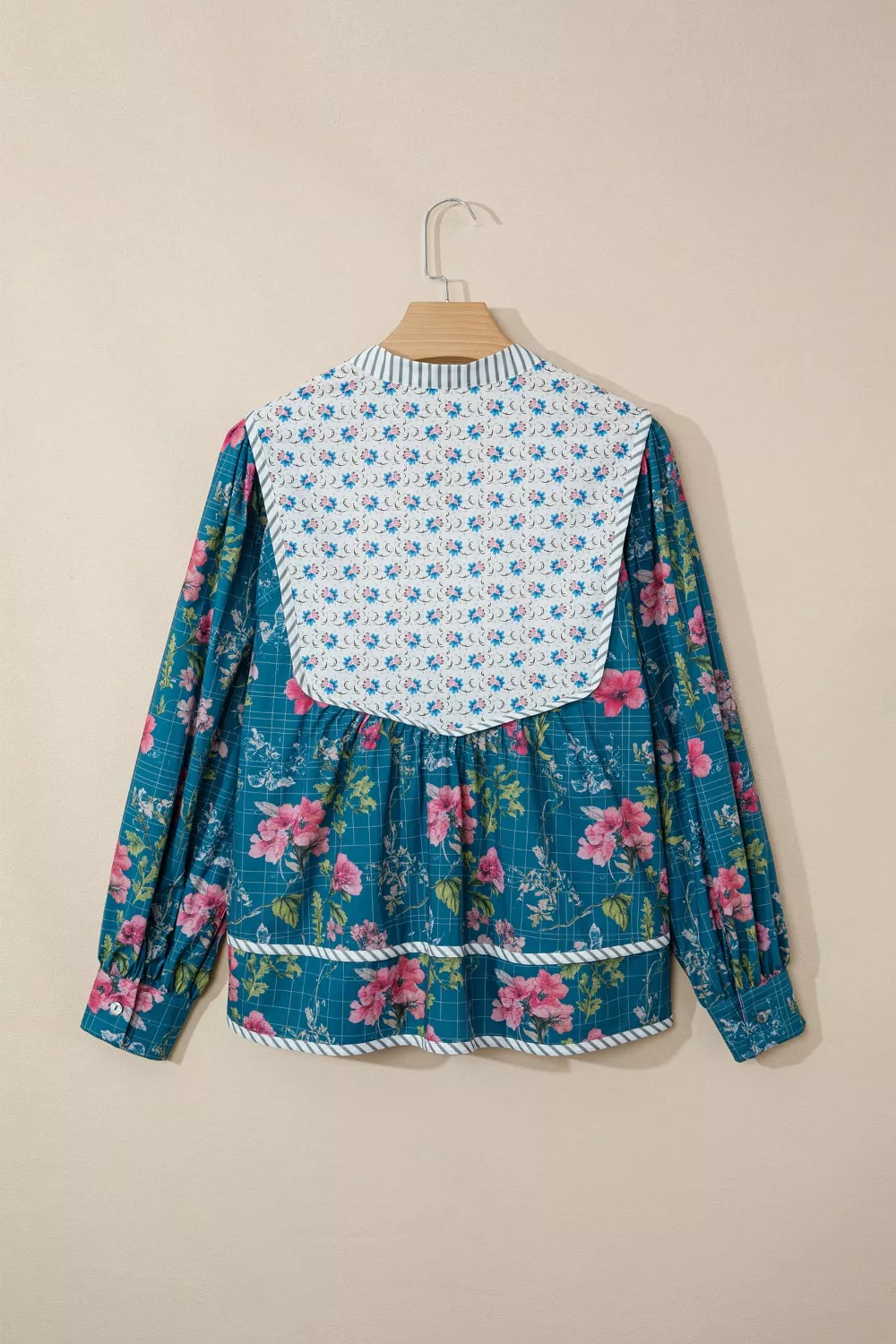 Floral Print Contrast Yoke Patchwork Striped Trim Long Puff Sleeve Blouse, image 7
